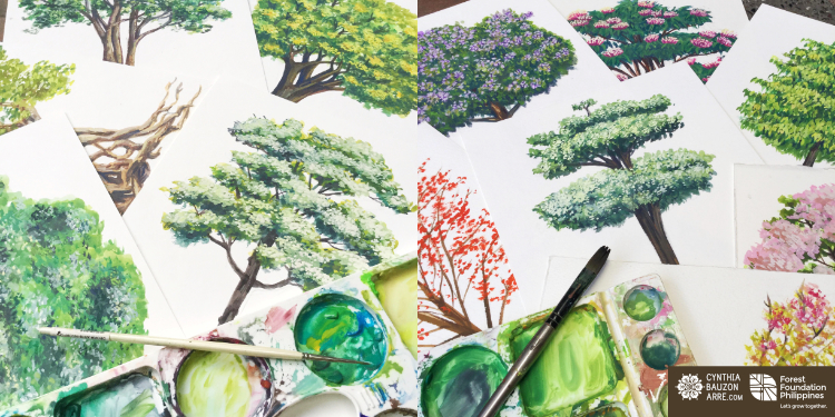 Philippine native trees painted in gouache watercolor